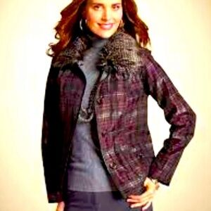 Chico’s Purple Plaid Faux Fur Collar Reversible Gray Button Up Coat / Jacket